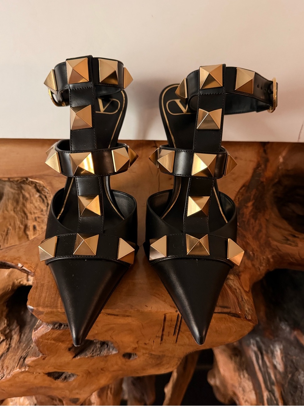 Valentino Garavani Black Leather Rockstud Pointed Heels with Gold Studs 38